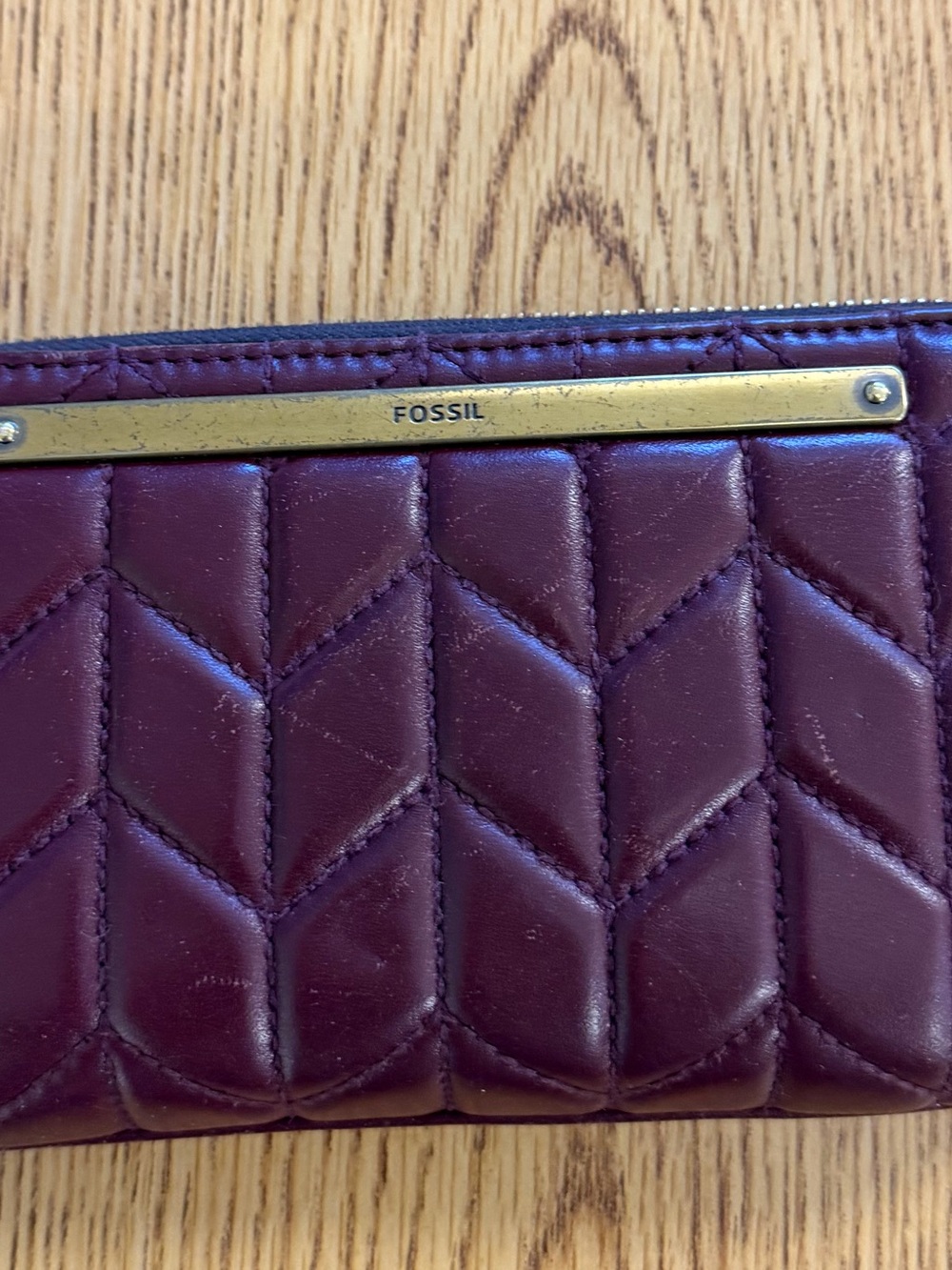 Fossil Quilted Wine Leather Wallet with Brass Accent